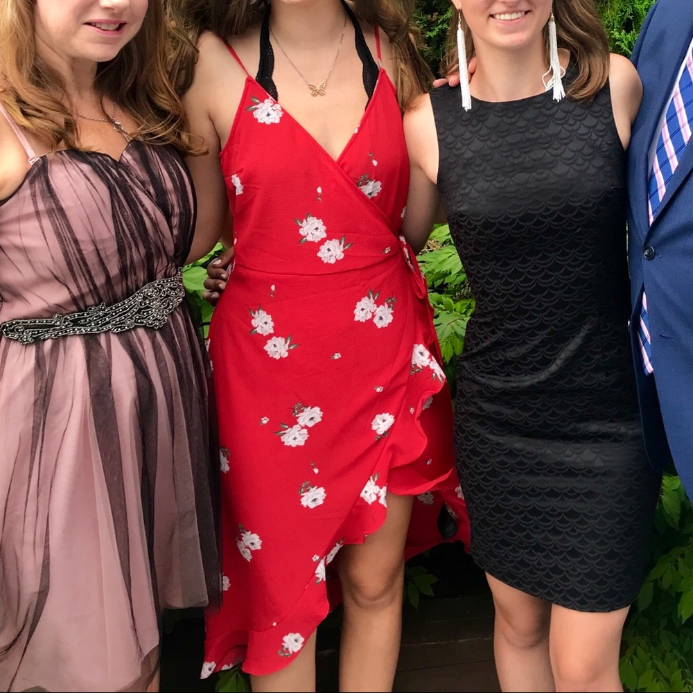 Red Floral Wrap Midi Dress